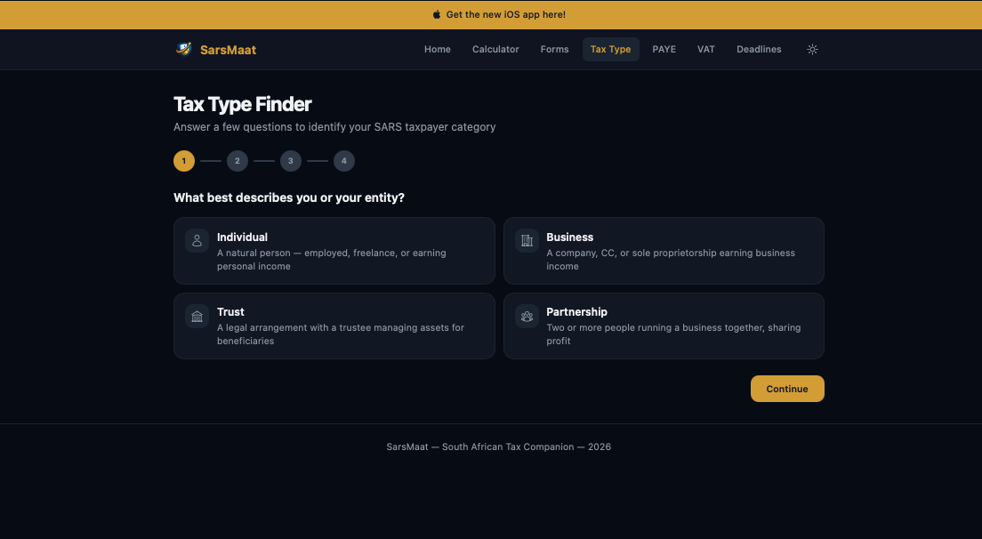 SarsMaat web app: Tax Type Finder